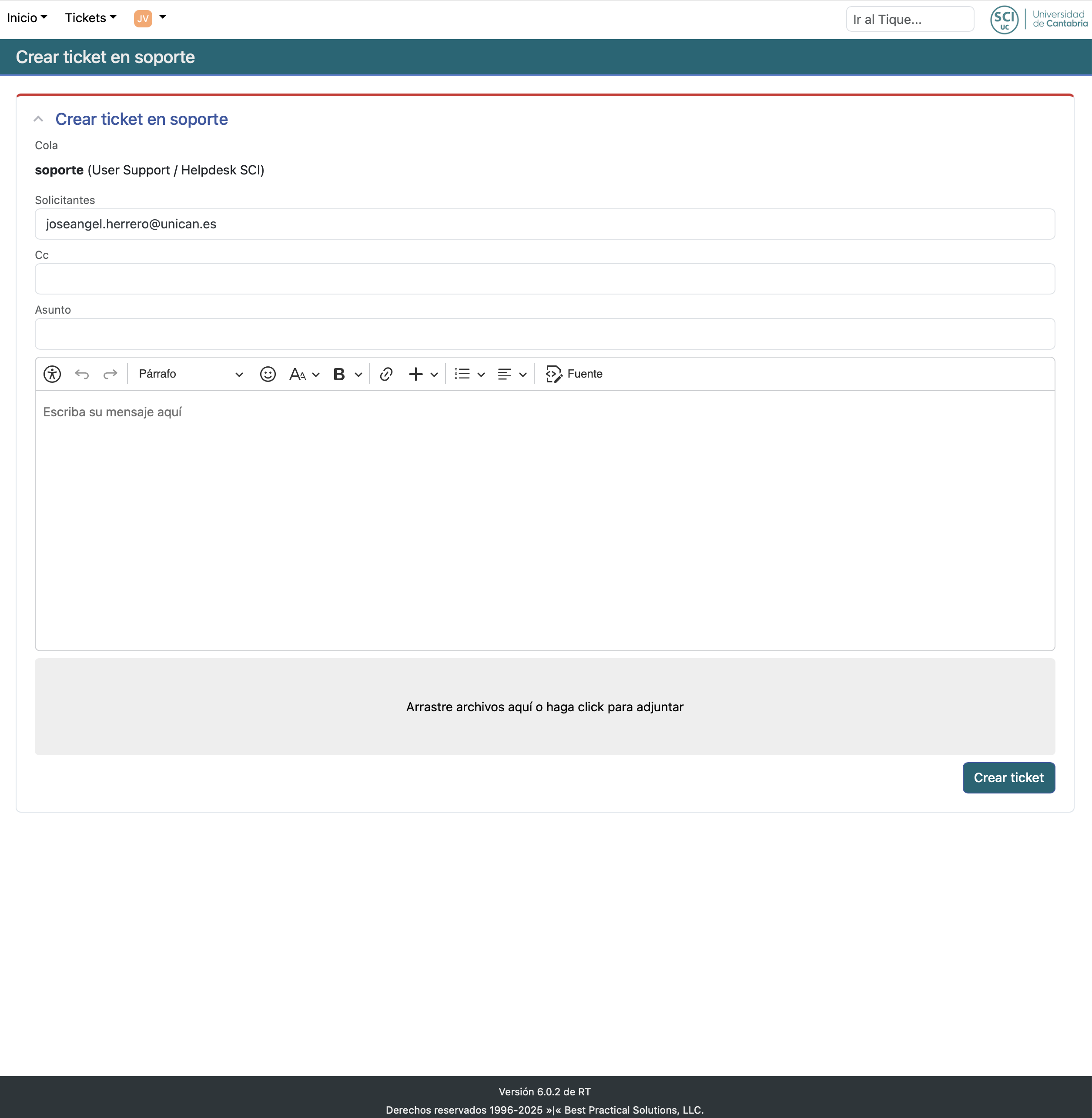 Ticket creation form with Subject, Description, and Attachments fields