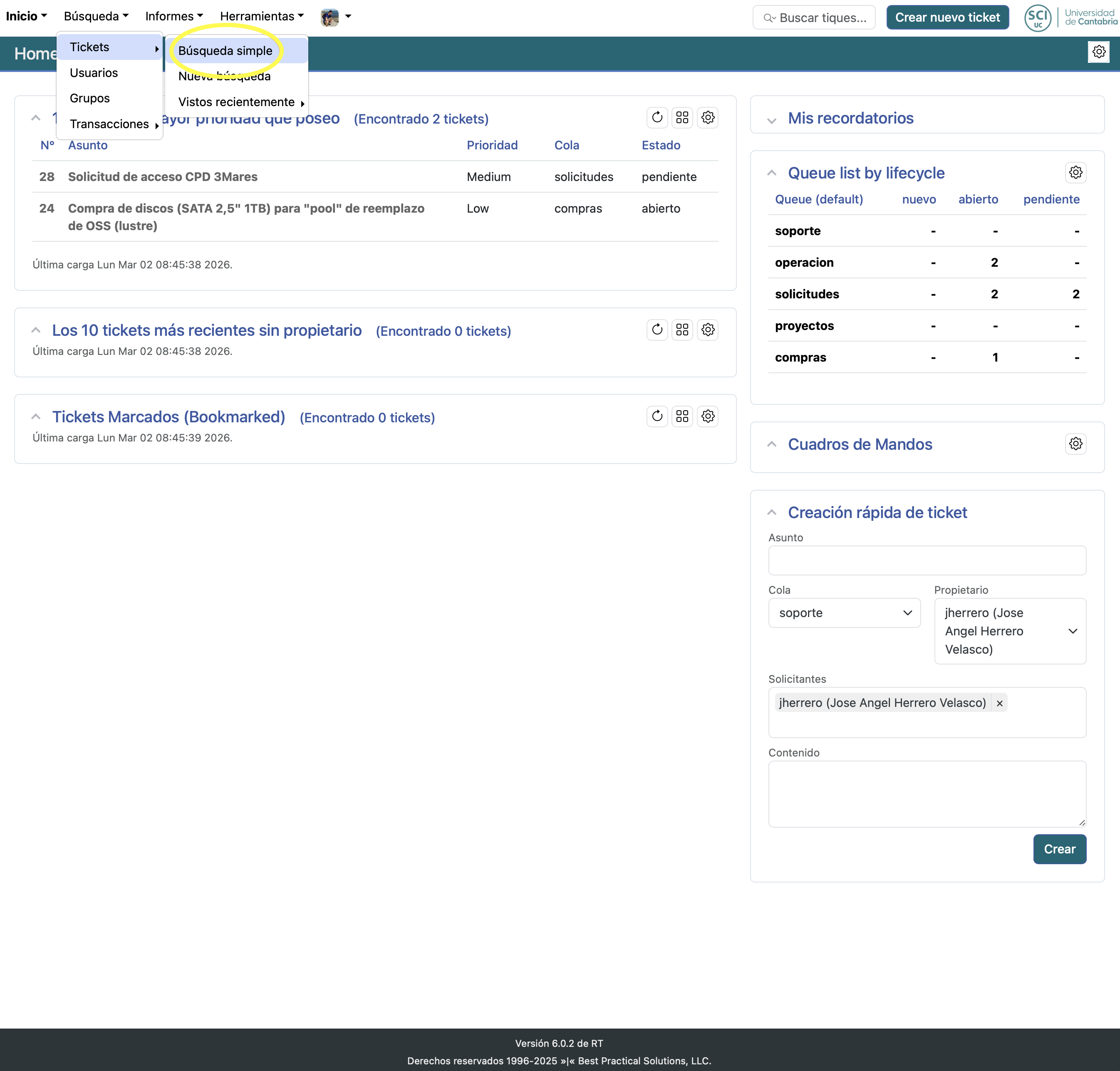 Ticket search bar at the top of the interface